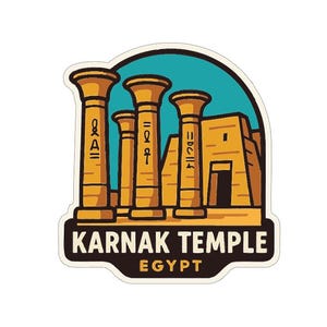 May include: A sticker featuring the Karnak Temple in Egypt. The design includes stylized columns and a building, set against a teal background. The text "KARNAK TEMPLE" and "EGYPT" are displayed in a bold font.