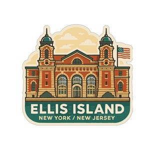 May include: A sticker featuring a detailed illustration of Ellis Island's main building, rendered in shades of red, orange, and beige. The design includes the American flag and the text "ELLIS ISLAND NEW YORK / NEW JERSEY".