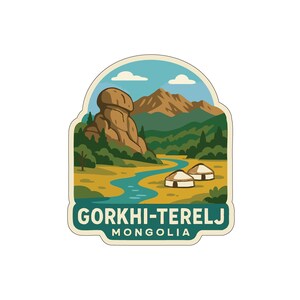 May include: A sticker featuring a landscape scene with the text "Gorkhi-Terelj Mongolia." The design includes a river, mountains, trees, and two yurts. The color palette consists of greens, browns, blues, and yellows.
