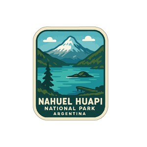 Könnte beinhalten: Ein rechteckiger Aufkleber mit einer Landschaft des Nahuel Huapi Nationalparks in Argentinien. Das Design zeigt einen Berg, einen See und Bäume. Der Text "NAHUEL HUAPI NATIONAL PARK ARGENTINA" ist unten abgebildet.