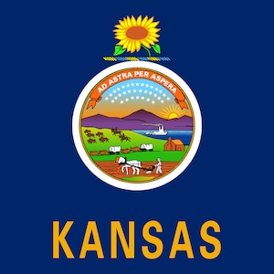May include: The state flag of Kansas features a blue background with a central seal. The seal depicts a sunflower, a sunset over a river, a steamboat, a cabin, and a farmer plowing a field. The words "Ad Astra Per Aspera" are written on a ribbon above the seal. The word "KANSAS" is written in gold letters below the seal.