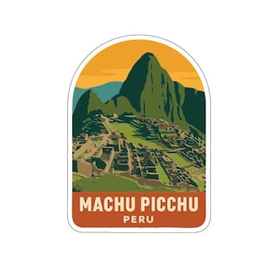 May include: A sticker featuring a stylized illustration of Machu Picchu, Peru. The design includes a green mountain range, ancient ruins, and the text "MACHU PICCHU PERU" in a rectangular orange banner against a white background.