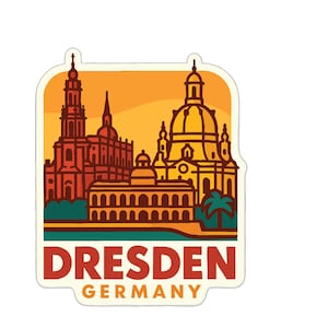 May include: A sticker featuring a stylized illustration of Dresden, Germany, with iconic buildings in shades of red, orange, and yellow. The word "DRESDEN" is in bold red letters, with "GERMANY" below.