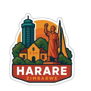 Könnte beinhalten: Ein Aufkleber mit einer stilisierten Illustration von Harare, Simbabwe. Das Design umfasst ein Gebäude, eine Statue und den Text "HARARE ZIMBABWE" in einem rot-weißen Farbschema. Der Hintergrund hat einen orange-gelben Farbverlauf.
