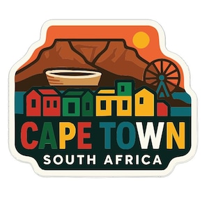 Puede incluir: Una colorida pegatina con una ilustración estilizada de Ciudad del Cabo, Sudáfrica. El diseño incluye una cordillera, una noria y un paisaje urbano con el texto "CAPE TOWN SOUTH AFRICA". La paleta de colores incluye naranja, marrón, rojo, verde y amarillo.