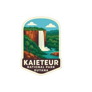 May include: A sticker featuring a scenic illustration of Kaieteur Falls in Guyana. The design includes a waterfall cascading into a river, surrounded by lush green foliage and a blue sky with clouds. The text "KAIETEUR NATIONAL PARK GUYANA" is displayed at the bottom.