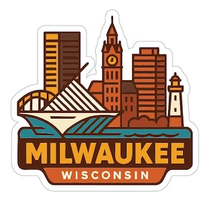Puede incluir: Una pegatina con una ilustración estilizada del horizonte de Milwaukee, Wisconsin. El diseño incluye un barco, edificios y el texto "MILWAUKEE WISCONSIN" en una combinación de colores marrón y naranja.