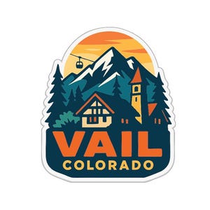 May include: A sticker featuring a mountain scene with a ski lift, trees, and buildings. The text "VAIL COLORADO" is in orange and white. The background has an orange and yellow sunset.