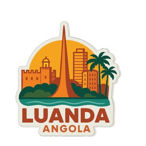May include: A sticker featuring a stylized cityscape of Luanda, Angola. The design includes a prominent orange structure, buildings, palm trees, and the text "LUANDA ANGOLA" in a bold, brown font against a white background.