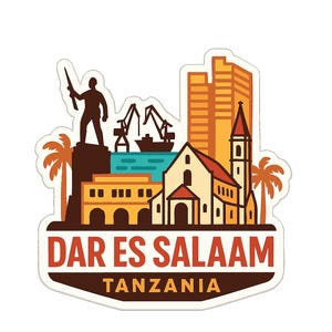 May include: A sticker featuring a stylized illustration of Dar es Salaam, Tanzania. The design includes a silhouette of a person holding a rifle, buildings, palm trees, and the text "DAR ES SALAAM TANZANIA" in a brown and orange color scheme.