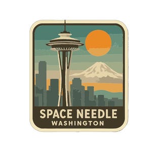Peut inclure: Un autocollant rectangulaire représentant la Space Needle de Seattle, Washington. Le design comprend la Space Needle, une montagne et un soleil couchant. Le texte "SPACE NEEDLE WASHINGTON" est en bas.