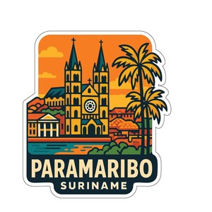 May include: A sticker featuring a stylized illustration of Paramaribo, Suriname. The design includes a church with two spires, palm trees, and the text "PARAMARIBO SURINAME" in a bold font, set against a sunset sky.