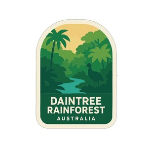 Peut inclure: Un autocollant vert et blanc représentant une scène de forêt tropicale avec des palmiers, une rivière et une silhouette d'oiseau. Le texte "DAINTREE RAINFOREST AUSTRALIA" est en blanc sur fond vert.