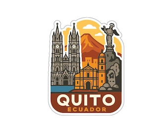 Calcomanía de vinilo troquelada de Quito, Ecuador, con diseño de silueta de ciudad.