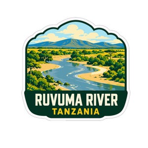 May include: A die-cut sticker featuring a landscape illustration of the Ruvuma River in Tanzania. The scene shows a winding blue river, green trees, and distant mountains under a pale sky. The text RUVUMA RIVER TANZANIA is printed below.