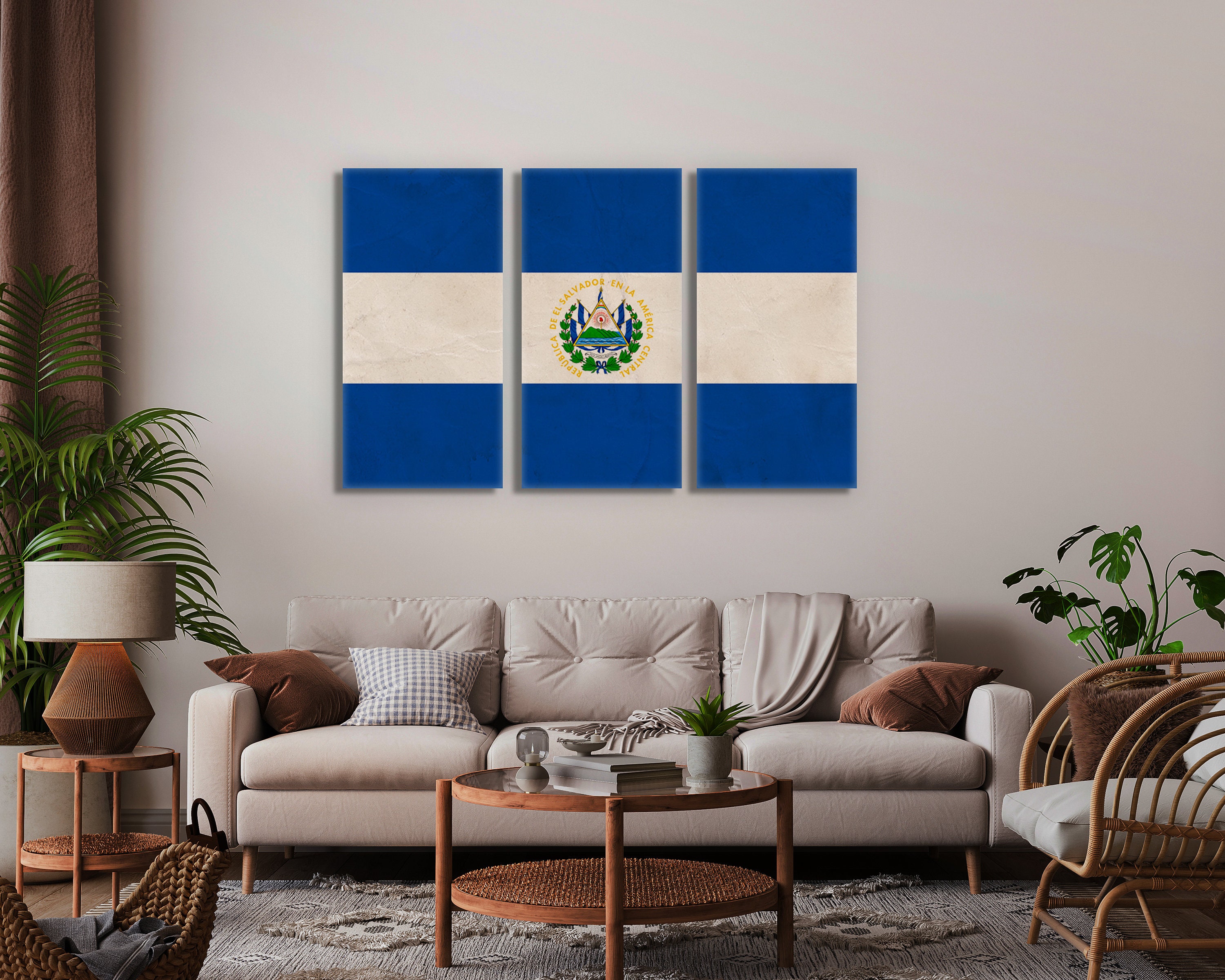 El Salvador Flag Canvas Print Wall Art - 3 Panel Split Triptych or Single Panel