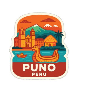 Puede incluir: Una colorida pegatina con una ilustración estilizada de Puno, Perú. El diseño incluye una iglesia, montañas, un lago con un barco y el texto "PUNO PERU". La paleta de colores incluye naranja, rojo, verde y azul. Un recuerdo de viaje.