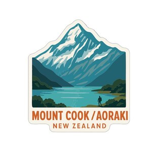 Könnte beinhalten: Ein Aufkleber mit einer Landschaftsillustration von Mount Cook / Aoraki in Neuseeland. Das Design zeigt einen schneebedeckten Berg, einen See und eine Person. Der Text lautet "Mount Cook / Aoraki New Zealand".