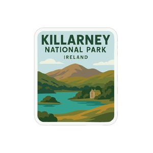 May include: A square sticker depicting Killarney National Park in Ireland. The image shows a lake, mountains, and a building. The text "KILLARNEY NATIONAL PARK IRELAND" is displayed at the top in green and white.