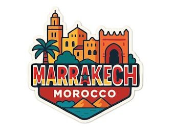 May include: A sticker featuring a stylized illustration of Marrakech, Morocco. The design includes buildings, a palm tree, and the text "MARRAKECH MOROCCO" in a bold, colorful font. The sticker has a shield-like shape.