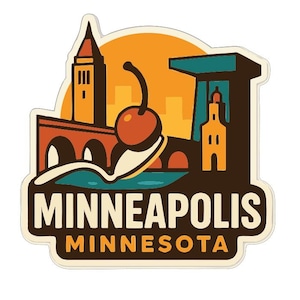 May include: A sticker featuring a stylized illustration of Minneapolis, Minnesota. The design includes a bridge, buildings, and a cherry on a spoon, set against an orange and teal background. The text "MINNEAPOLIS MINNESOTA" is prominently displayed.