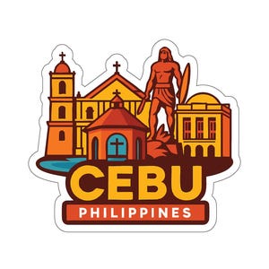 May include: A sticker featuring a colorful illustration of Cebu, Philippines. The design includes a church, a statue, and the text "CEBU PHILIPPINES" in a bold font. The sticker has a white border.
