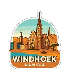 May include: A sticker featuring a stylized illustration of Windhoek, Namibia. The design includes a church, buildings, and a landscape with the text "WINDHOEK NAMIBIA" in a rounded rectangle.