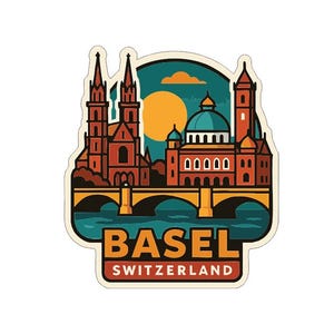 Peut inclure: Un autocollant illustrant Bâle, Suisse, avec un pont, des bâtiments et un coucher de soleil. Le mot "BASEL" est mis en évidence, avec "SUISSE" en dessous. Le design est de style rétro.