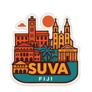 May include: A sticker featuring a stylized illustration of Suva, Fiji. The design includes buildings, a palm tree, and a sun, with the text "SUVA FIJI" in orange and white. The background is teal.