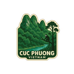 May include: A green and cream-coloured sticker featuring a mountain landscape with a river and a tree. A black and white monkey sits on a branch. The text "CUC PHUONG VIETNAM" is displayed in a green font.