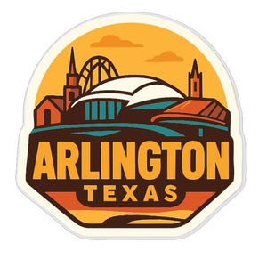 May include: A sticker featuring the Arlington, Texas skyline. The design includes a roller coaster, buildings, and the text "ARLINGTON TEXAS" in bold letters. The background is a gradient of orange and yellow.