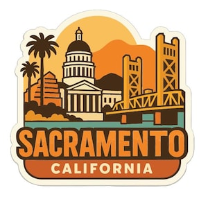 May include: A sticker featuring a stylized illustration of Sacramento, California. The design includes the State Capitol building, a bridge, palm trees, and the text "SACRAMENTO CALIFORNIA" in orange and white.