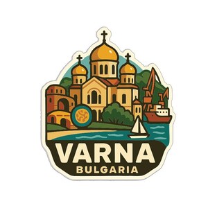 May include: A sticker depicting Varna, Bulgaria, with a church, sailboat, and the text "VARNA BULGARIA". The design uses warm colours like yellow and brown, with blue for the sea. The sticker has a vintage travel aesthetic, with a dark brown banner.
