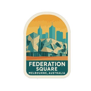 May include: A sticker featuring Federation Square in Melbourne, Australia. The design includes a geometric building, teal skyscrapers, and an orange and yellow sky. The text "FEDERATION SQUARE" and "MELBOURNE, AUSTRALIA" are also included.