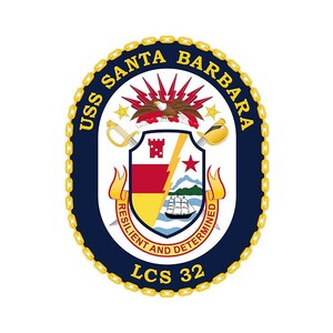 Puede incluir: El emblema del USS Santa Bárbara LCS 32 presenta un escudo central con un castillo rojo, una estrella y un barco. El emblema está rodeado por un borde azul con eslabones dorados y el texto "USS SANTA BARBARA" y "RESILIENT AND DETERMINED".