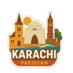 May include: A sticker featuring Karachi, Pakistan landmarks. The design includes a mosque, clock tower, and other buildings in shades of brown, beige, and orange. The word "KARACHI" is displayed above "PAKISTAN".