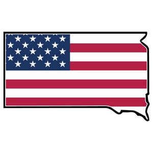 May include: An outline of the state of South Dakota filled in with the colors of the American flag. The flag has 13 red and white stripes and a blue field with 50 white stars.
