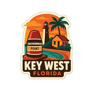 May include: A colorful sticker featuring a Key West, Florida design. The image includes the Southernmost Point buoy, a lighthouse, a palm tree, and a small house, all set against a sunset backdrop. The words "Key West Florida" are prominently displayed.