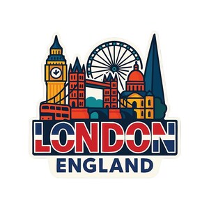 May include: A colorful sticker featuring iconic London landmarks. The design includes Big Ben, the London Eye, Tower Bridge, and other buildings, with the text "LONDON ENGLAND" in a bold font. The sticker has a white border.
