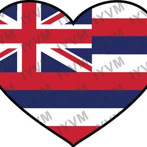 Op de afbeelding: Een hartvormige vlag van Hawaï met de Union Jack in de linkerbovenhoek. De vlag is rood, wit en blauw met acht horizontale strepen.