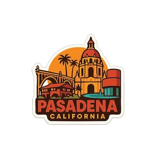Puede incluir: Una pegatina con una ilustración estilizada de Pasadena, California. El diseño incluye un puente, un edificio con una cúpula, palmeras y el texto "PASADENA CALIFORNIA" en marrón sobre fondo blanco.