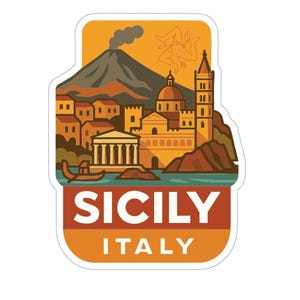 May include: A sticker featuring a stylized illustration of Sicily, Italy. The design includes a volcano, buildings, and the text "SICILY ITALY" in a bold font. The color palette consists of orange, brown, and blue.