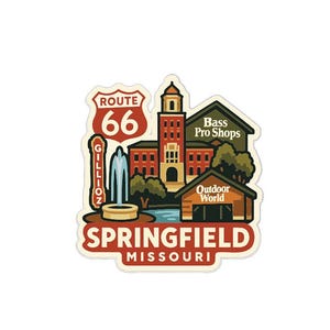 May include: A sticker featuring a colorful illustration of Springfield, Missouri. The design includes a Route 66 sign, a fountain, and buildings labeled "Bass Pro Shops" and "Outdoor World." The text "Springfield Missouri" is prominently displayed.