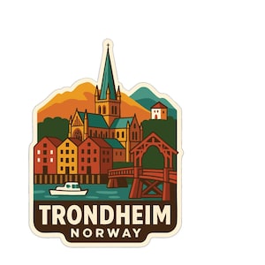May include: A sticker depicting Trondheim, Norway, with a colourful illustration of buildings, a church with a spire, a bridge, and a boat. The text "TRONDHEIM NORWAY" is displayed at the bottom of the design.