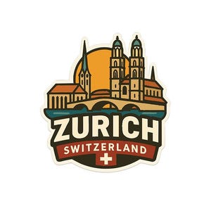 以下が含まれることがあります： スイスのチューリッヒの様式化されたイラストが描かれたステッカー。デザインには、橋、建物、朝日が含まれています。「ZURICH」の文字が大きく表示され、「SWITZERLAND」とスイスの十字も表示されています。