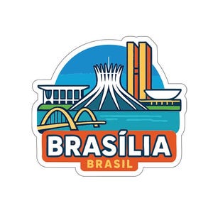Może przedstawiać: Naklejka z kolorową ilustracją Brasilii, Brazylia. Projekt zawiera charakterystyczne budowle, takie jak budynek Kongresu Narodowego, Katedra w Brasilii i most. Nazwa miasta jest wyświetlana w pomarańczowych literach.