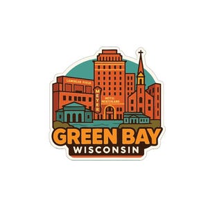 May include: A sticker featuring a stylized illustration of Green Bay, Wisconsin. The design includes buildings, a church, and the text "GREEN BAY WISCONSIN" in orange and white. The sticker has a retro, travel-themed aesthetic.