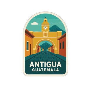 May include: A sticker featuring a stylized illustration of Antigua, Guatemala. The design includes a yellow archway with a clock tower, a cobblestone street, and buildings in shades of orange and yellow. The text "ANTIGUA GUATEMALA" is displayed at the bottom.