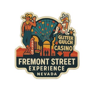 May include: A vintage-style sticker featuring a cowboy and cowgirl with the text "Glitter Gulch Casino" and "Fremont Street Experience Nevada". The design incorporates a retro color palette of orange, blue, and yellow.