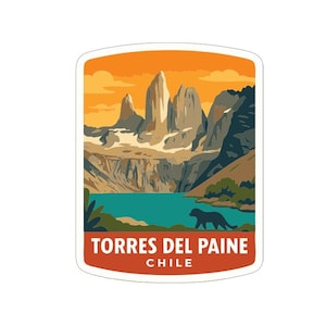 May include: A sticker with a landscape illustration of Torres del Paine, Chile. The design includes mountain peaks, a lake, and an animal silhouette. The text "TORRES DEL PAINE CHILE" is in white on a red background.
